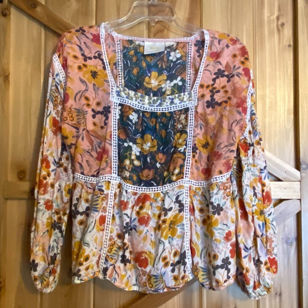 Anthropologie Maeve Peasant Top Size Small Floral Patchwork Cottagecore Boho